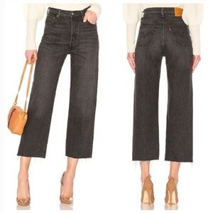 Levi’s Ribcage Straight Jeans Black Wash Raw Hem Size Button Fly Size 27